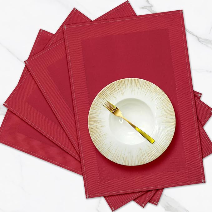 Red Placemats Set of 4, 12x18 Inch Heat-Resistant Washable Easy to Clean Place Mats, Faux Linen Cloth Table Mats Suitable for Indoor/Outdoor Parties & Kitchen Decor (Red)