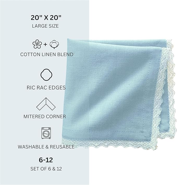 Fingercraft Dinner Cloth Napkin Cotton Linen Blend 12 Pack Mitered Corners with Elegant Lace for Everyday Use Napkins are Pre Shrunk and Good Absorbency Sky Blue, 20in x 20in (Set of 12) Easter Color