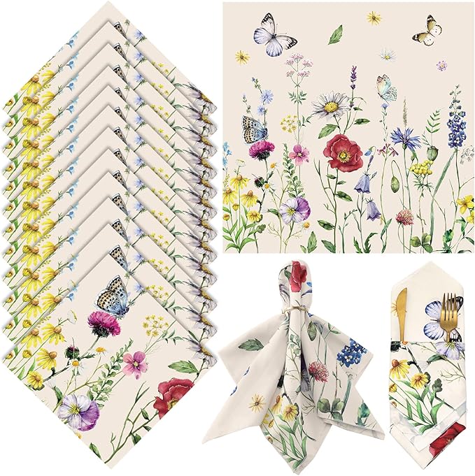 FuWeave Set of 12 Spring Butterfly Cloth Napkins Washable Decorative Dinner Cocktail Floral Napkins 20'' x 20'' Tea Party Decor for Easter Day Summer Bridal Shower Birthday Wedding Kitchen Supplies