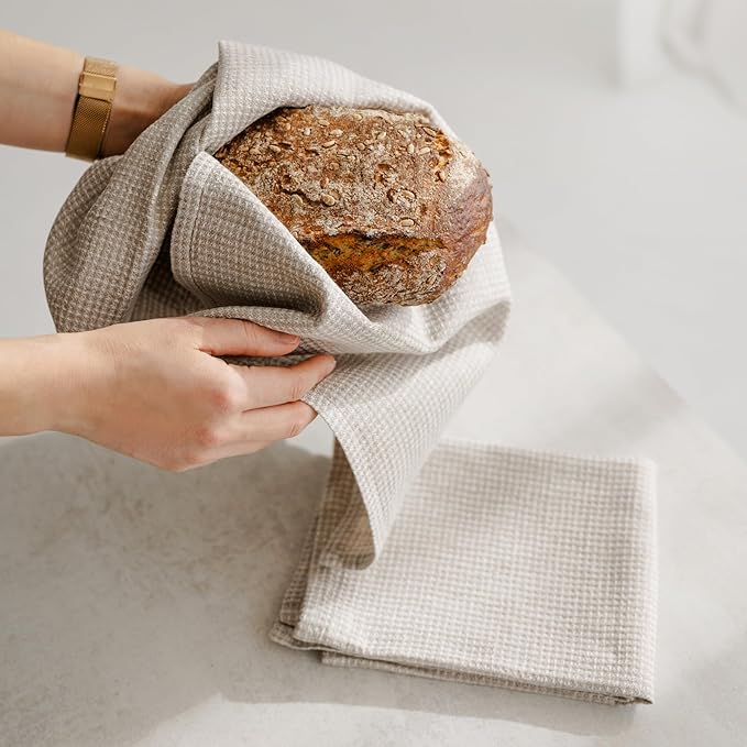 European Flax Linen Kitchen Towels Set of 2 - Handcrafted Stonewashed Waffle Weave Dish Towels, Quick Dry Absorbent Hand Towels for Bathroom & Kitchen