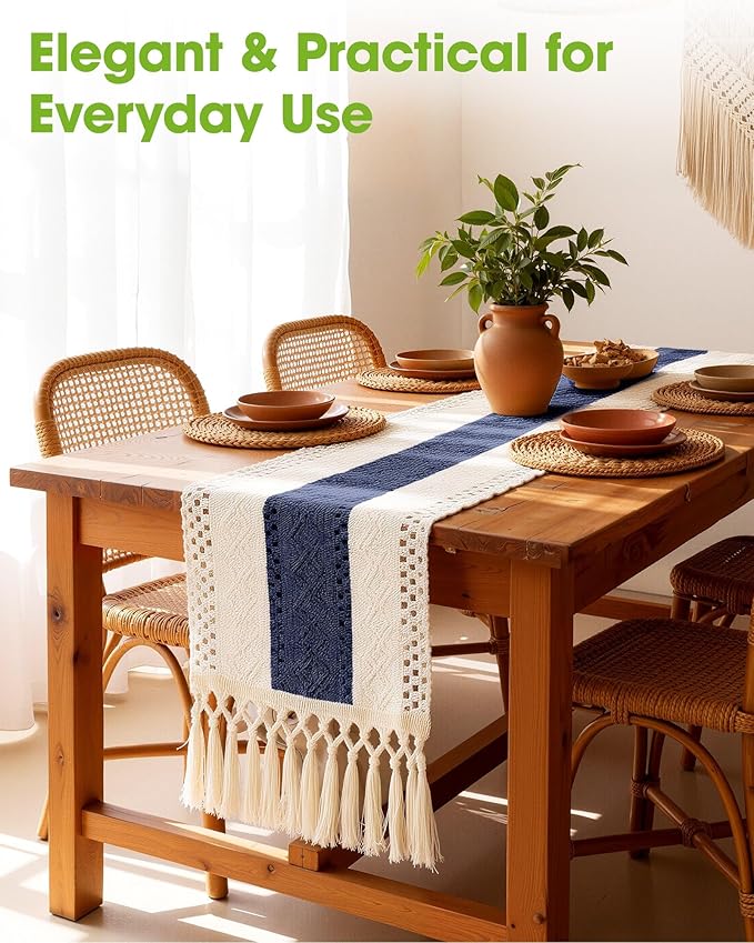 Pureegg Farmhouse Boho Table Runner - 72 Inches, Linen-Textured Woven Tassel Design for Dining Table Decor, Kitchen, Coffee Table & Living Room, 12 x 72 Inch, Blue