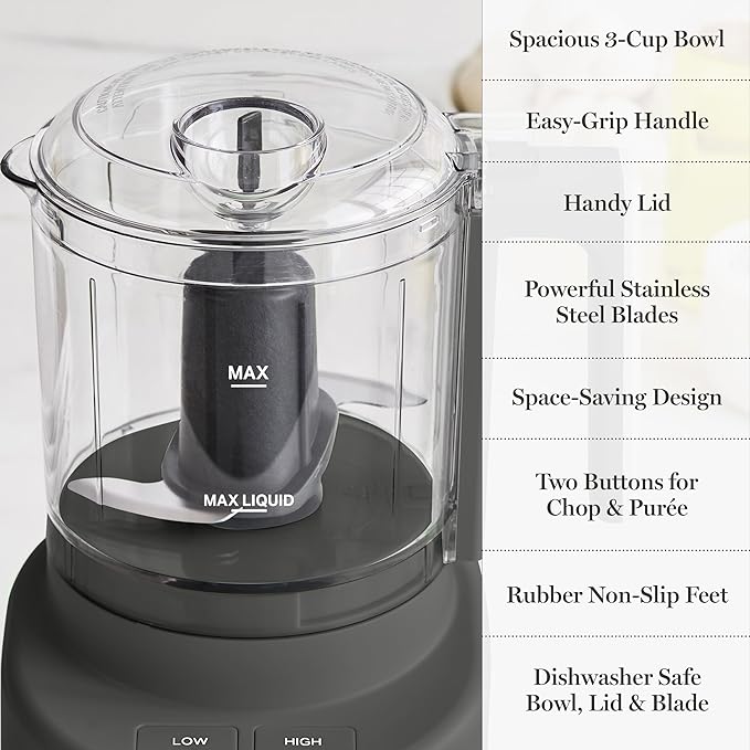 Martha Stewart 3 Cup Food Processor, Electric Vegetable Chopper, Stainless Steel Blades, 24oz BPA-Free Bowl, Pour Spout, Dicing, Mincing, Chop & Puree, Dishwasher Safe, Oil Chute, Easy-Clean, Caviar