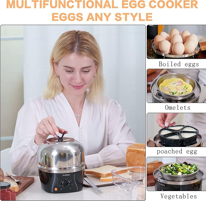 Oroton 304 stainless steel inside and outside Rapid Egg Cooker, 9 Egg Capacity Electric Egg Cooker for Hard Boiler Eggs,Poacher Eggs,Scrambled Eggs,Hard Boiled Auto Shut-Off,30 Minutes Timer Settings