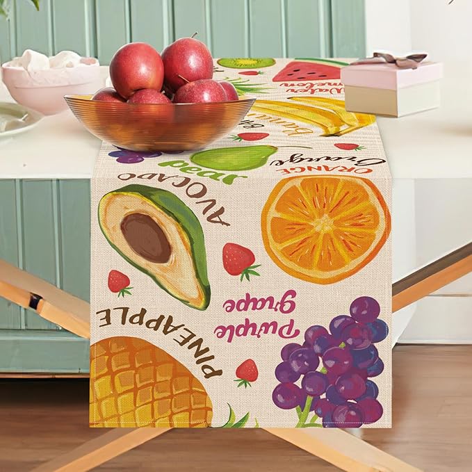 Watercolor Fruit Table Runner, Watermelon Pineapple Banana Orange Kitchen Dining Table Decoration, Spring Summer Grapes Kiwi Avocado Burlap Indoor Outdoor Home Decor Party Supply 13 x 48 Inches