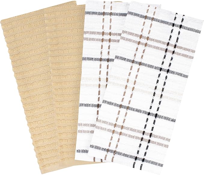Ritz Royale Collection 100% Combed Terry Cotton, Highly Absorbent, Kitchen Towel Set, 13-3/4" x 12", 4-Pack, Solid & Checked, Latte