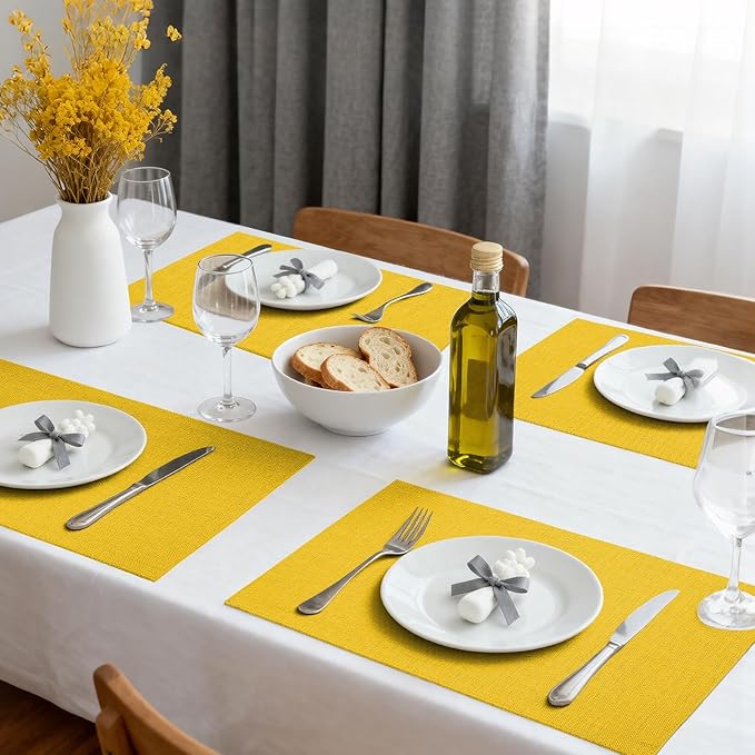 Placemats Set of 6 Linen Type Fabric Cloth Placemats, 18x12 Inch Double Layered Thick Wrinkle Free Heat Resistant Table Place, for Dining, Kitchen, Party (45 * 30cm, Yellow)