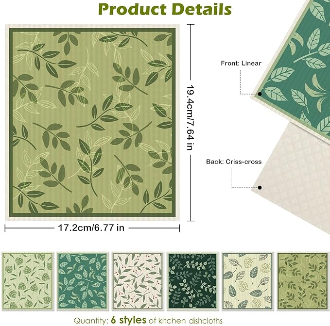 6 Packs Swedish Paper Cloths for Kitchen, Reusable Paper Towels Washable Dish Rags, Highly Absorbent Kitchen Towels Quick Drying Swedish Sponge Cleaning Dish Cloths (Plant Leaves)