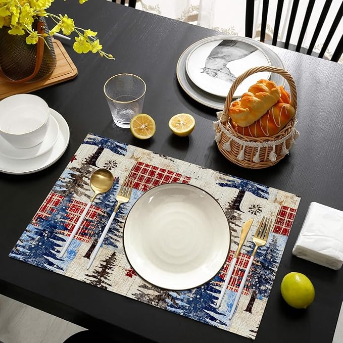 Winter Christmas Tree Placemats Set of 6, Washable Heat Resistant Table Mat Festival Linen Place Mats for Party Kitchen Dining Home Decor 12x18 Inch