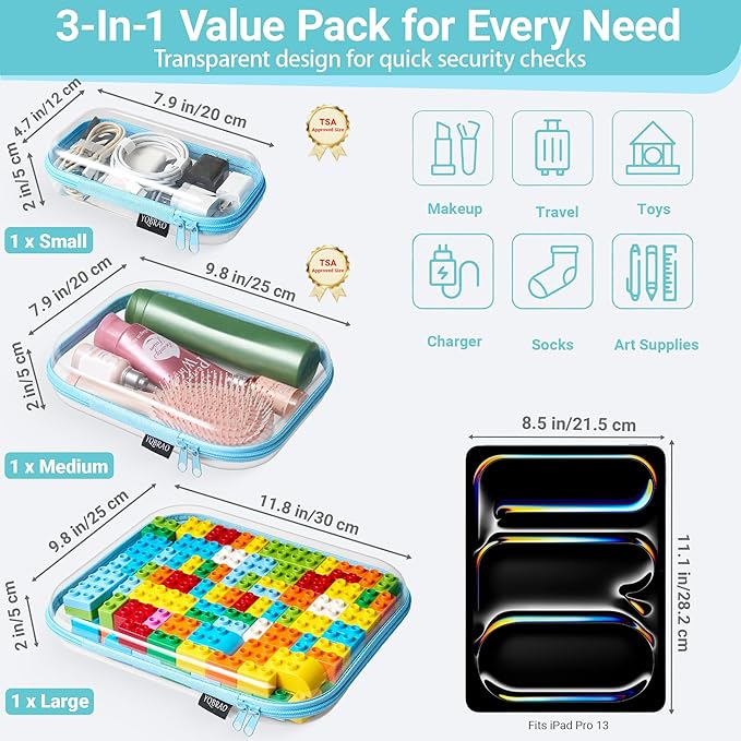 YQBRAO 3 Pack Hard Sided Clear Zipper Case for Storage- Thickened-Grade Clear Hard Shell Zipper Case for Organizing Bead, Handicrafts, Sewing, Playdo (Blue, LMS)
