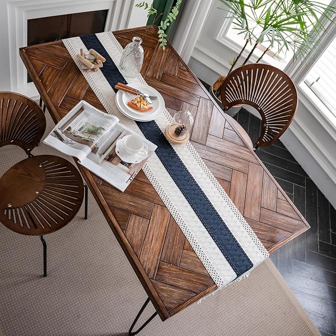 Alynsehom Macrame Table Runner Cream Beige and Blue Boho Table Runners with Tassels Hand Woven Cotton Table Runner Rustic Farmhouse Table Runners for Bohemian Kitchen Dining Table(12x48in)