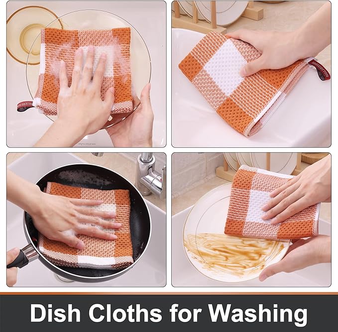 Mordimy 100% Cotton Waffle Weave Plaid Dish Cloths, 12 x 12 Inches, Super Soft and Absorbent Quick Drying Buffalo Check Dish Rags for Kitchen, 12-Pack, Orange & White