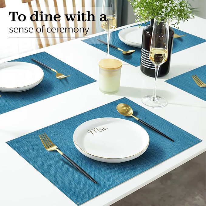 Blue Placemats Set of 4, 12x18 Inch Heat-Resistant Washable Easy to Clean Place Mats, Faux Linen Cloth Table Mats Suitable for Indoor/Outdoor Parties & Kitchen Decor (Blue)