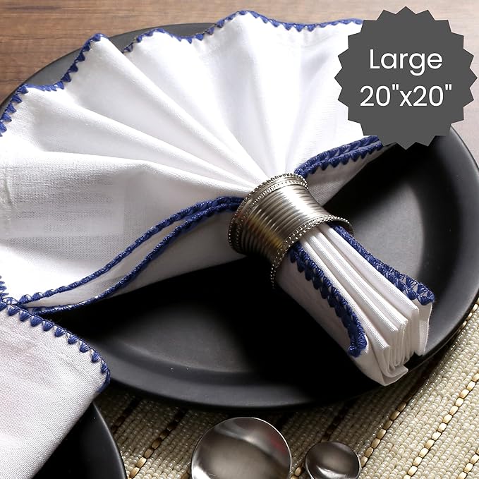 Cotton Clinic Cloth Napkins with Trim - Everyday Use Table Dinner Napkins - Soft Durable Washable - Ideal for Dinner Party Wedding Christmas Easter - Set of 12-20x20 inches Navy Blue White Napkins