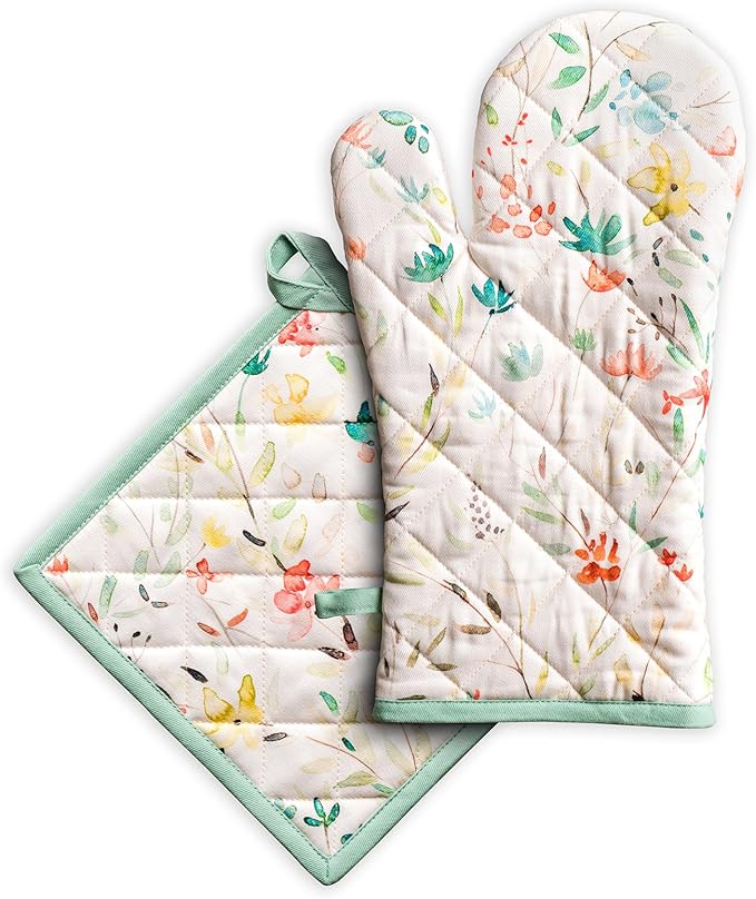 Maison d' Hermine 100% Cotton Oven Mitt & Pot Holder Set (7.5"x13" & 8"x8") Heat Resistant BBQ Cooking Gloves with Loop Baking Grilling Kitchen Gifts for Mothers Day Spring/Summer (Colmar)