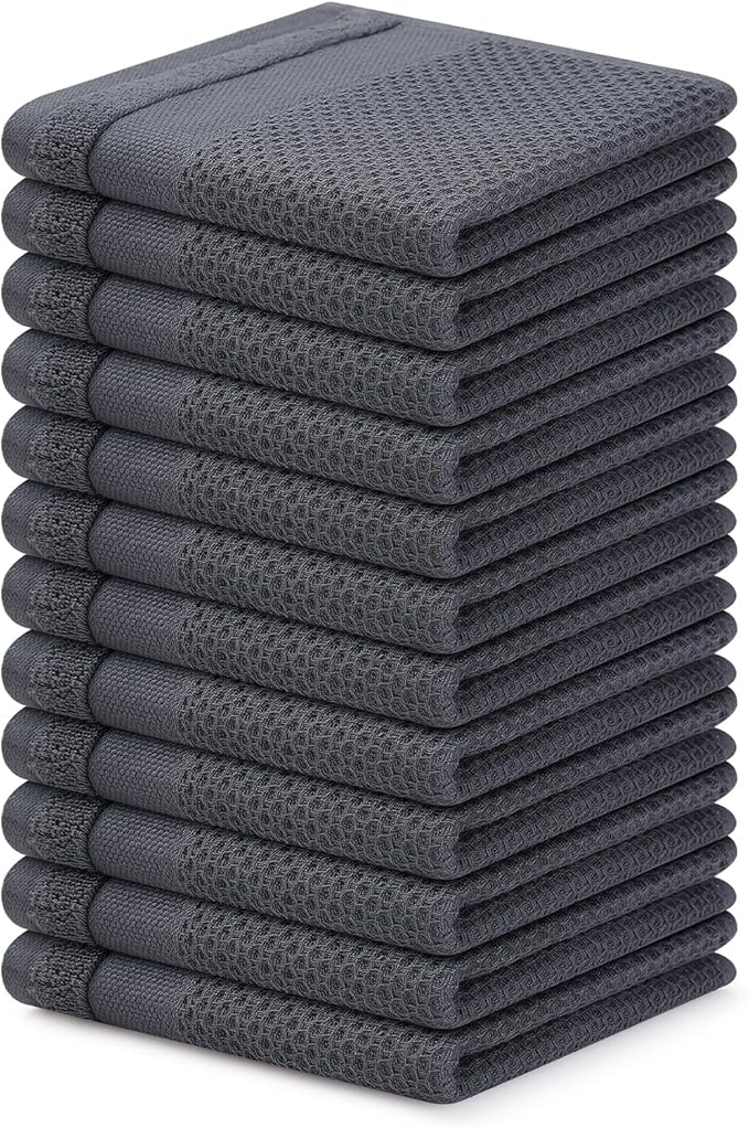 Homaxy 100% Cotton Dish Cloths, 12 Pack - 12 x 12 Inches, Waffle Weave Super Soft and Absorbent Dish Towels Quick Drying Dishcloths, Dark Grey