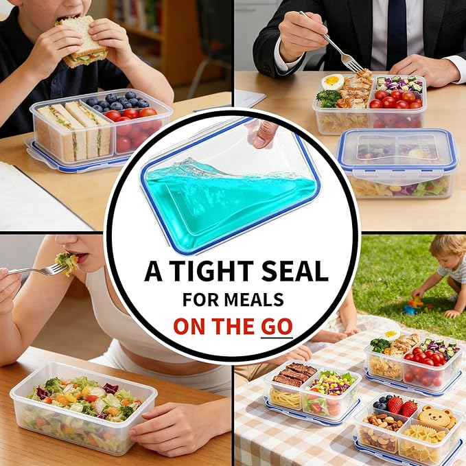 KIGI Meal Prep Containers for Adult Lunch & Snacks, Leak-Proof, BPA-free Plastic, Removable Divided Inserts, Airtight lids, 3 Compartment Food Storage, Microwave Safe, Bento Box, 4.7 Cup, 12 Piece Set