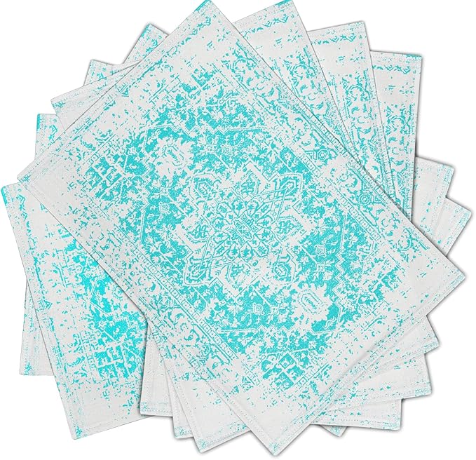 aportt Gray Aqua Turquoise Boho Placemats Set of 6 Ethnic Bohemian Carpet Place Mats Washable Kitchen Dining Vintage Grey Floral Linen Table Mats Stain Heat-Resistant for Home Party Indoor 12x18 in