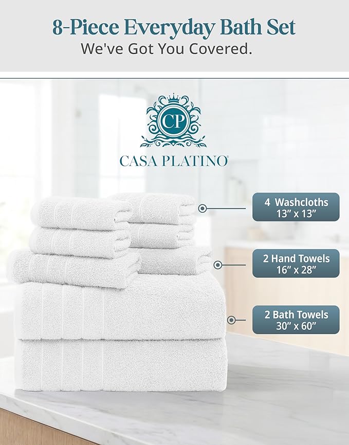 Casa Platino 100% Cotton Luxury Bath Towel Set 8 Pieces - Super Soft, Absorbent & Quick Dry - 2 Bath, 4 Washcloths, 2 Hand Towels for Bathroom - Sustainable Value Pack, Ideal for Spa & Travel - White