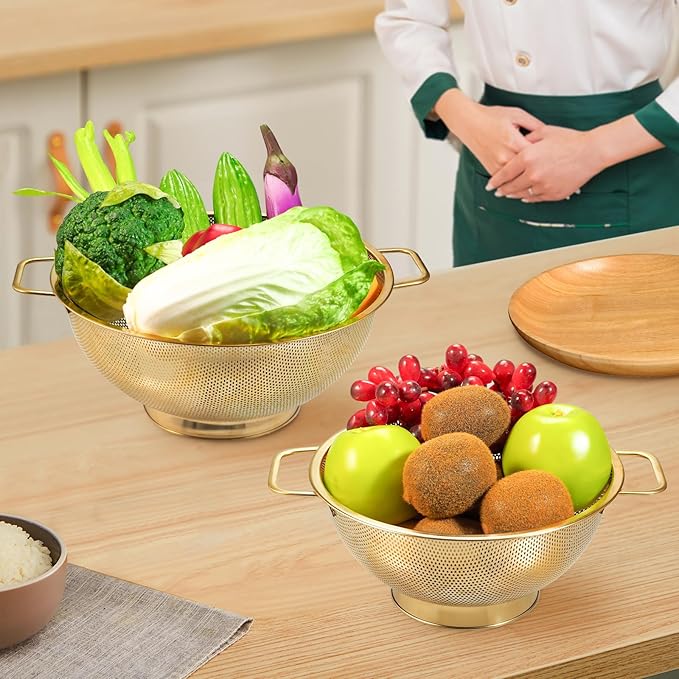 Gold Strainer for Kitchen, 3QT, Stainless Steel Colander with Handle for Fruits Vegetables Cooking Food, Dishwasher Safe