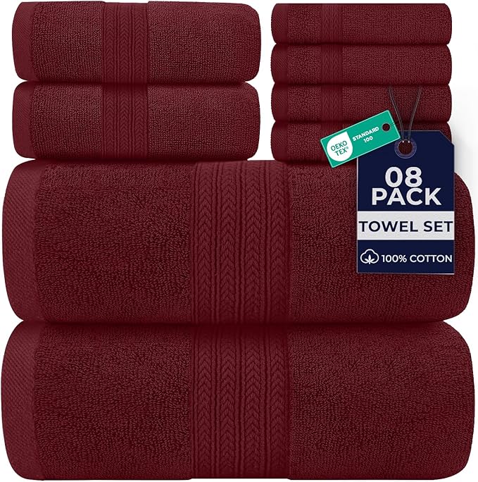 DAN RIVER 8 PC Luxury Bath Towels for Bathroom, 2 Bath, 2 Hand, and 4 Wash Cloths, 600 GSM 100% Ring Spun Cotton Towel Set, Highly Absorbent, Gym, Hotel, and Spa, Pomegranate