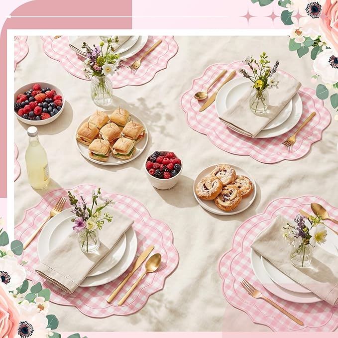 Breling Set of 6 Pink Gingham Placemats Scalloped Embroidered Cotton Linen Placemats 17" x 13" Double Layered Machine Washable Table Place Mat for Wedding Birthday Baby Shower Party Table Decor