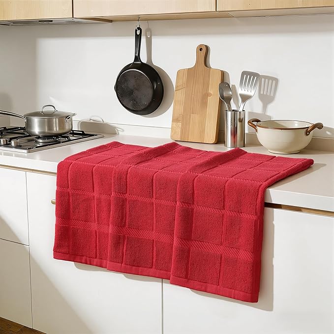 Homaxy Premium Kitchen Towels 18"x28", 4 Pack Large Cotton 380 GSM Dish Towels, Soft and Absorbent Kitchen Hand Towels with Terry Grid Design, Utility Tea Towel Set with Hanging Loop, Red
