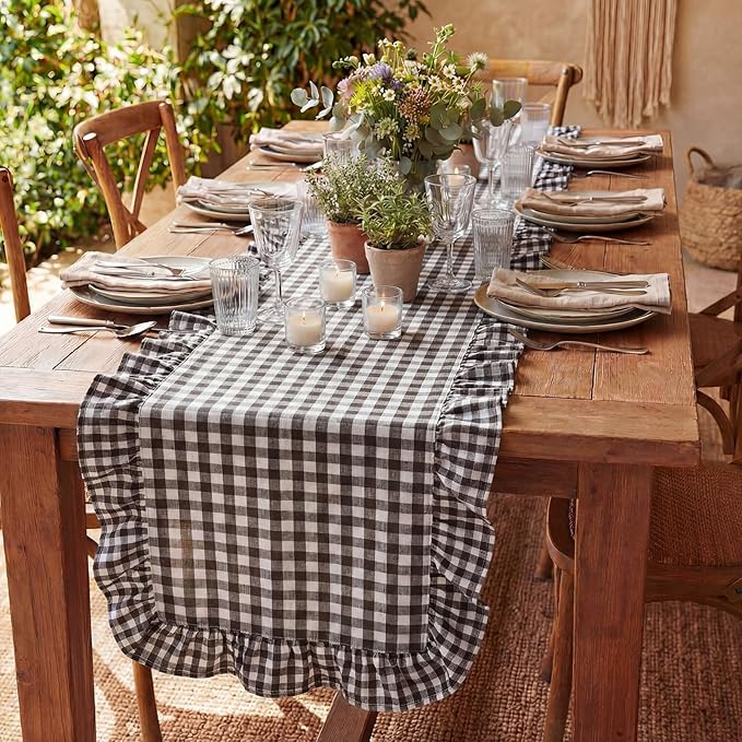 HunnmingRe 1 Pcs Dark Brown Plaid Gingham Ruffle Table Runner 118 x 13.8'' Farmhouse Table Runner 100% Cotton Scalloped Long Dresser Scarves for Dining Room, Wedding, Kitchen Rustic Home Decor