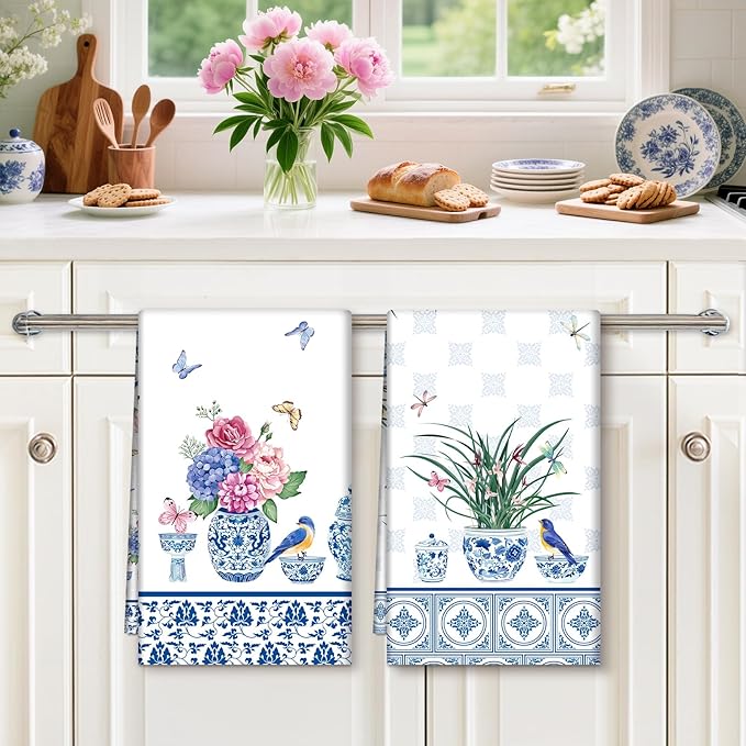 Blue and White Porcelain Tea Towels, Cotton Kitchen Towel 18.9 × 27.5 inch, Quick Drying Dish Cloth for Party Anniversary Holiday Decoration, Housewarming Gifts for Mom