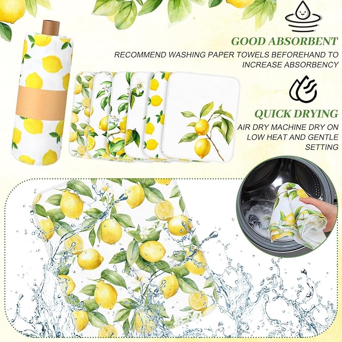 Redbaker 30 Pcs Reusable Paper Towels Rolls Towels Bulk Kitchen Washable Paperless Cloth Cotton Hand Napkins with Cardboard Reusable Napkins for Kitchen Bathroom (Lemon Style)