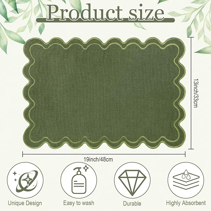 HunnmingRe Set of 6 Cotton Linen Placemats, 13x19 Inch Scalloped Wavy Embroidery Placemat Double Layered Washable Rustic Rectangle Dinner Table Mats for Wedding Home Decor(Moss Green with Green)