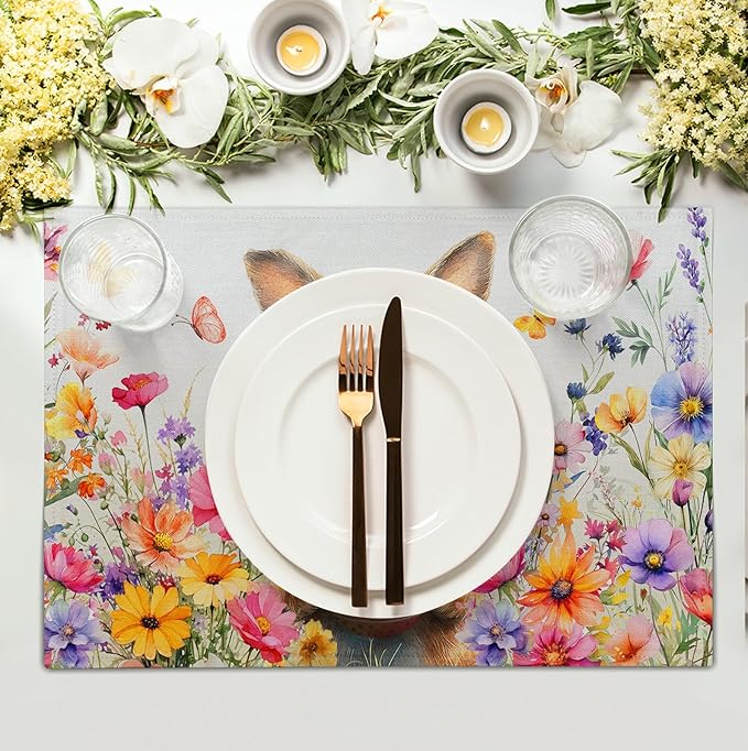 Easter Rabbit Placemats Set of 4 Spring Bunny Colorful Egg Wildflower Place Mat 12x18 Inch Seasonal Farmhouse Linen Fabric Table Mats for Kitchen Dining Outdoor Indoor Easter Party