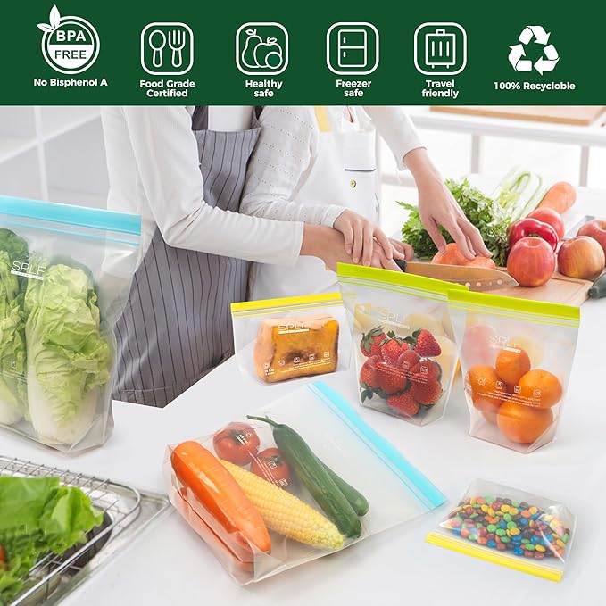 SPLF 8 Pack Reusable Gallon Freezer Bags Dishwasher Microwave Safe, 1 Gallon BPA Free Leakproof Food Storage Bags, Silicone Free Containers for Meal Prep, Fridge Kitchen Organization