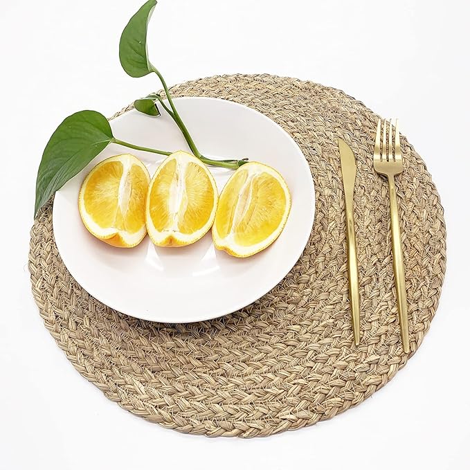 Woven Placemats for Dining Table Set of 2, 100% Natural Straw, Rustic Round Placemats Farmhouse Table Mats Rattan Wicker Placemats Hand Braided Place Mats for Indoor Outdoor, 14.17“