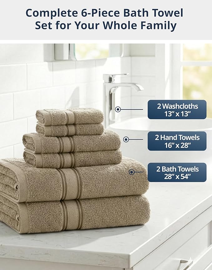 LANE LINEN Luxury Bath Towels Set - 6 Piece 100% CottonBathroom Zero Twist Shower Extra Absorbent Towel Super Soft 2 Hand Wash Cloths Taupe