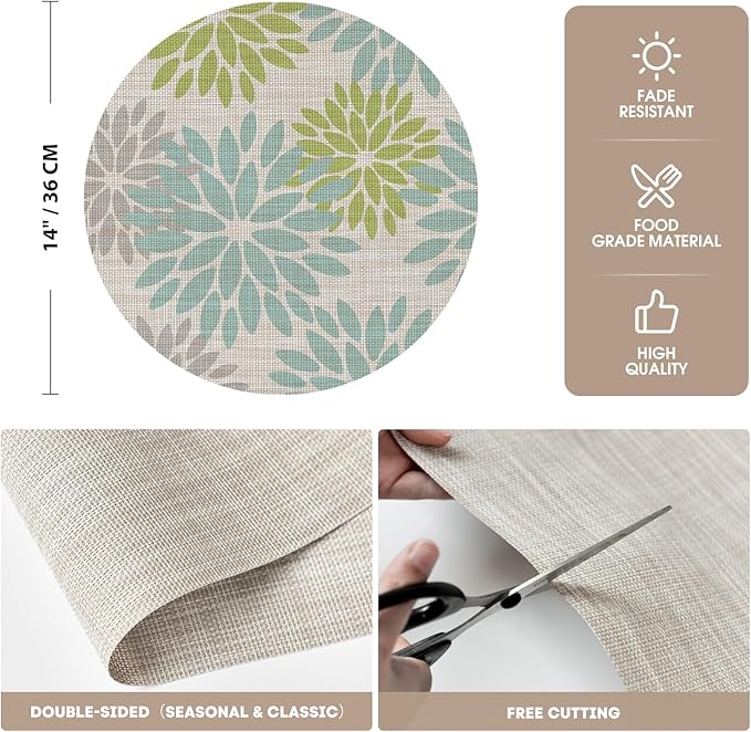 Artoid Mode Light Green Dahlia Plastic Round Placemats Set of 4, 14 Inch Seasonal Wipeable Woven Vinyl Table Mats for Farmhouse Party Kitchen Dining Decor