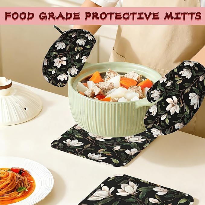 White Magnolia Oven Mitts and Pot Holders (4PCS),Heat Resistant Non-Slip Silicone Kitchen Gloves for Cooking, Baking, BBQ Waterproof Kitchen Accessories