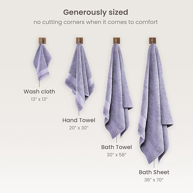 BIOWEAVES 100% Organic Cotton Bath Towel Set | 700 GSM Plush 6-Piece Premium Towel Set GOTS Certified, 2 Bath Towels, 2 Hand Towels & 2 Washcloths - Lavender