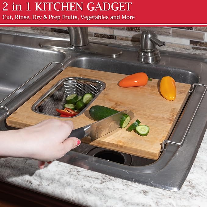 Cutting Board with Strainer - 2 in 1 Adjustable Bamboo Chopping Board with Removable Stainless Steel Colander for Over the Sink by Classic Cuisine