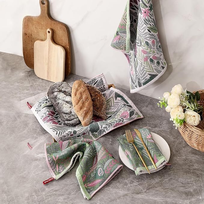 Kitchen Towels Set of 8 100% Cotton Hand Towels Dish Towels with Hanging Loop Absorbent Reusable for Cleaning Cute Design Home Decorative, Vintage Flower- 16x15 Inch