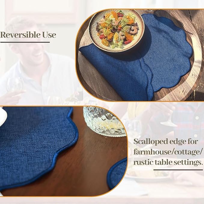 AHHFSMEI Round Faux Linen Placemats Set of 4 Heat Resistant Non-Slip Stain Proof Table Mats for Kitchen Dining Elegant Decor Place Mats (Navy Blue,4)