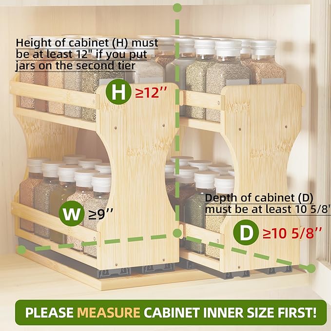 BAMEOS Pull Out Spice Rack Organizer for Cabinet, Bamboo Wide 9" Slide Out Seasoning Organizer for Kitchen, No Drill Anti-Tip Ball Bearing Silent Glides, Pantry Cabinet Organizer, Natural