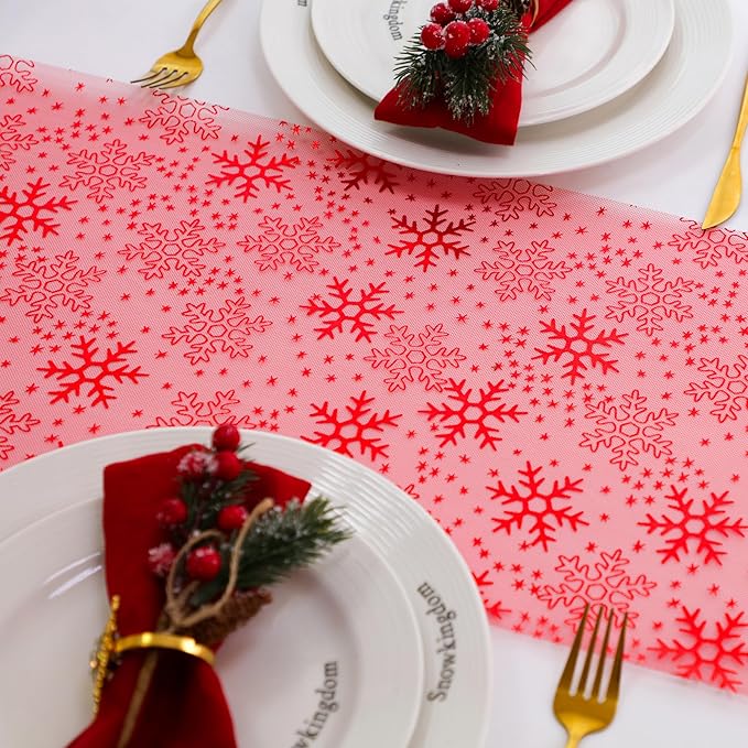 Snowkingdom 2 Pcs Christmas Red Snowflake Table Runner 108 Inch Sparkly Red Foil Glitter Metallic Mesh Runners Dining Kitchen Table Decorations for Seasonal Winter Xmas Festival Holiday Home Party