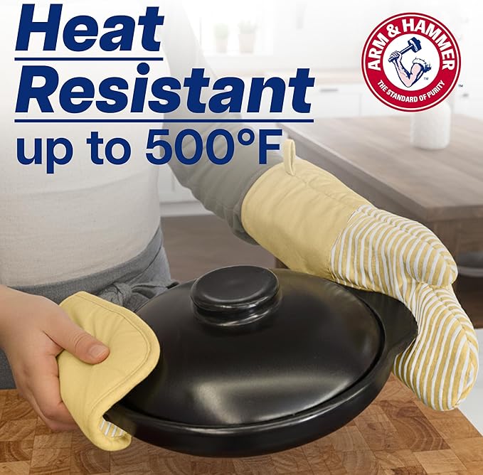 Arm & Hammer Striped Oven Mitts, Heat Resistant, Non-Slip Silicone Grip, 2 Pack, Gold