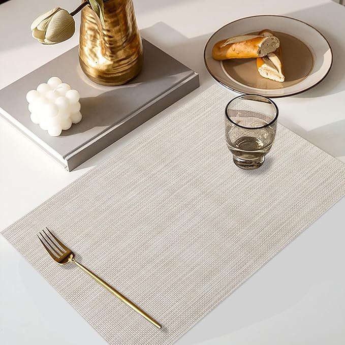 Vinyl Placemats Set of 8, PVC Woven Washable Non-Slip Table Mats, Heat Resistant Wrinkle Free Place Mats for Dining Table, Easy to Clean (8, Beige)