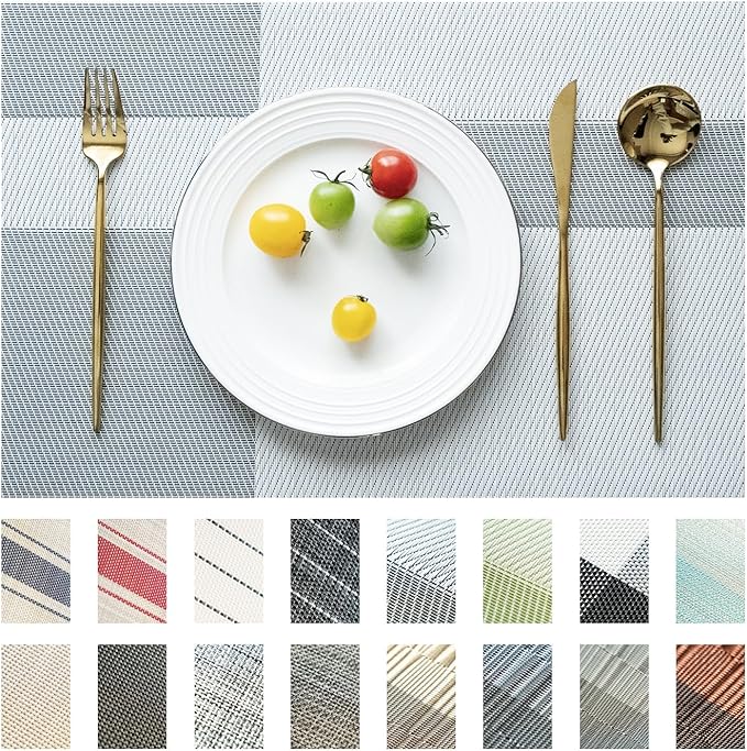 Placemats Set of 8 Vinyl/Plastic Woven Place Mats for Kitchen Table Indoor/Outdoor Washable Placemat Wipeable Dining Table Mats (Silver Cube,8)
