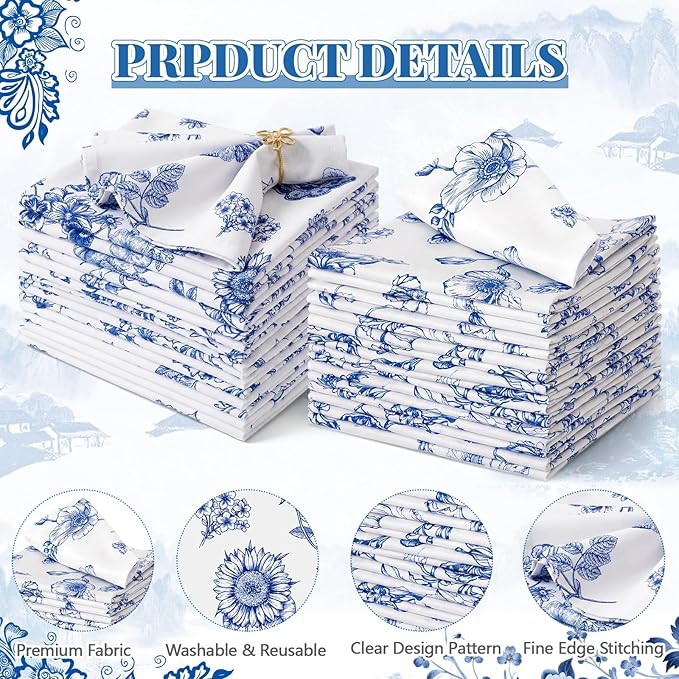 Nuogo 36 Sets Chinoiserie Blue and White Cloth Napkins 15" x 15" Oriental Blue and White Dinner Napkins Reusable Cloth Hand Towels for Guest Chinese Style Wedding Dinner Table Decor