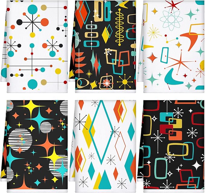 Bencailor 6 Pcs Black Geometric Kitchen Towels Decorative Sets Dish Towels Absorbent Fast Drying Hand Tea Vintage Hanging Reusable Cleaning Dishcloths for Cooking Farmhouse Bathroom Accessory