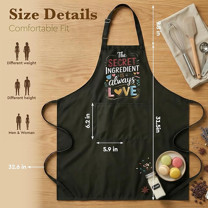 Baking Apron for Women Funny Cooking Apron, The Secret Ingredient Is Always Love Apron, Gift for Mom Wife Grandma, Kitchen Apron with 2 Pockets Adjustable,Kitchen Gift for Mother's Day, Birthday