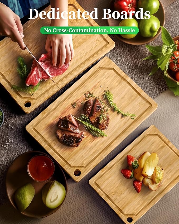Kitsure Bamboo Cutting Board Set - Multi-Sizes Wooden Cutting Boards for Kitchen, Convenient Kitchen Essentials with Deep Juice Grooves, Cutting Board for Chopping & Serving, 3 Pack, Natural