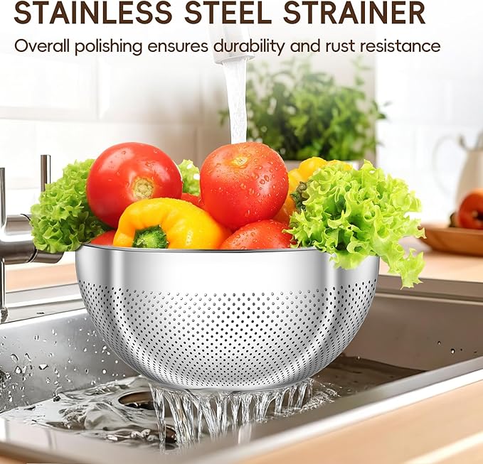 GOLDEN KEY 3Pcs Stainless Steel Colander Set for Kitchen - 3QT/4QT/5QT, Multi-Size Strainer for Draining Pasta, Washing Vegetables, Straining Hot Foods & Grease, Nesting Storage, Dishwasher Safe
